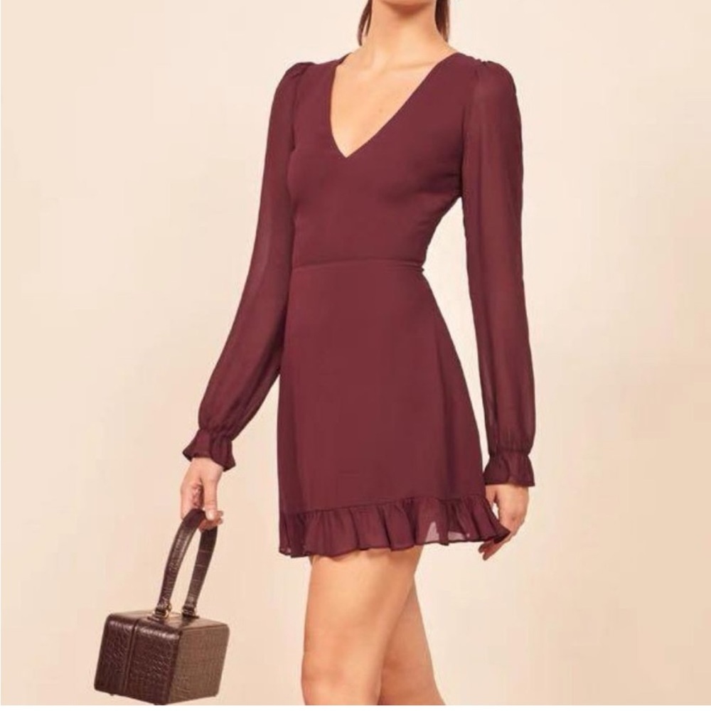 Reformation Eleanor Burgundy Long Sleeve Ruffle Trim Open Back Mini Dress Size 6